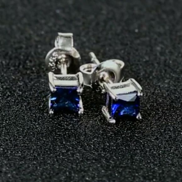 Jewelry - Created Sapphire Princess Cut Earrings 4mm Sterling Silver